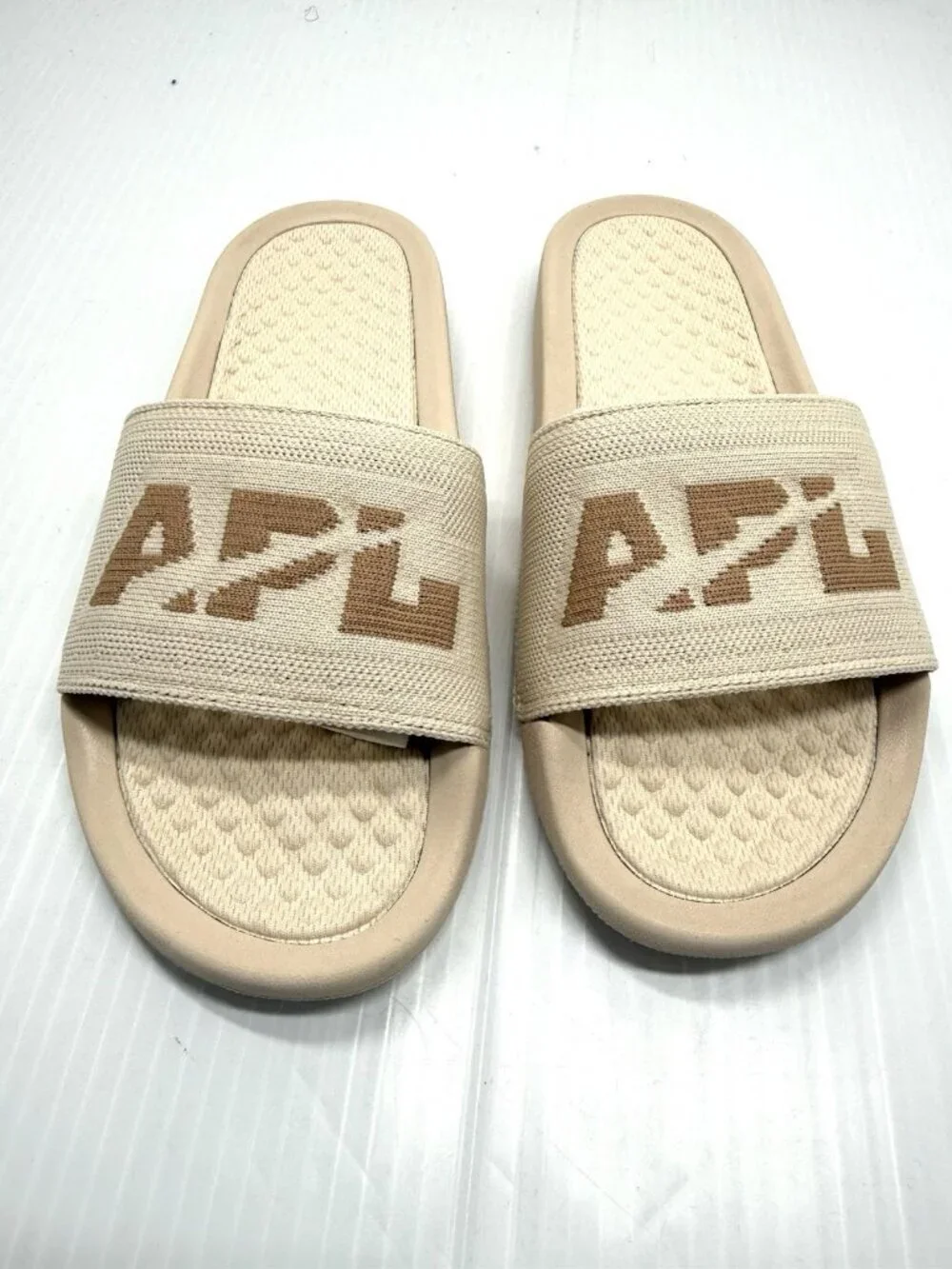 APL TechLoom Slide Womens 6 Beige Logo Comfort Sandals Warm Silk Caramel